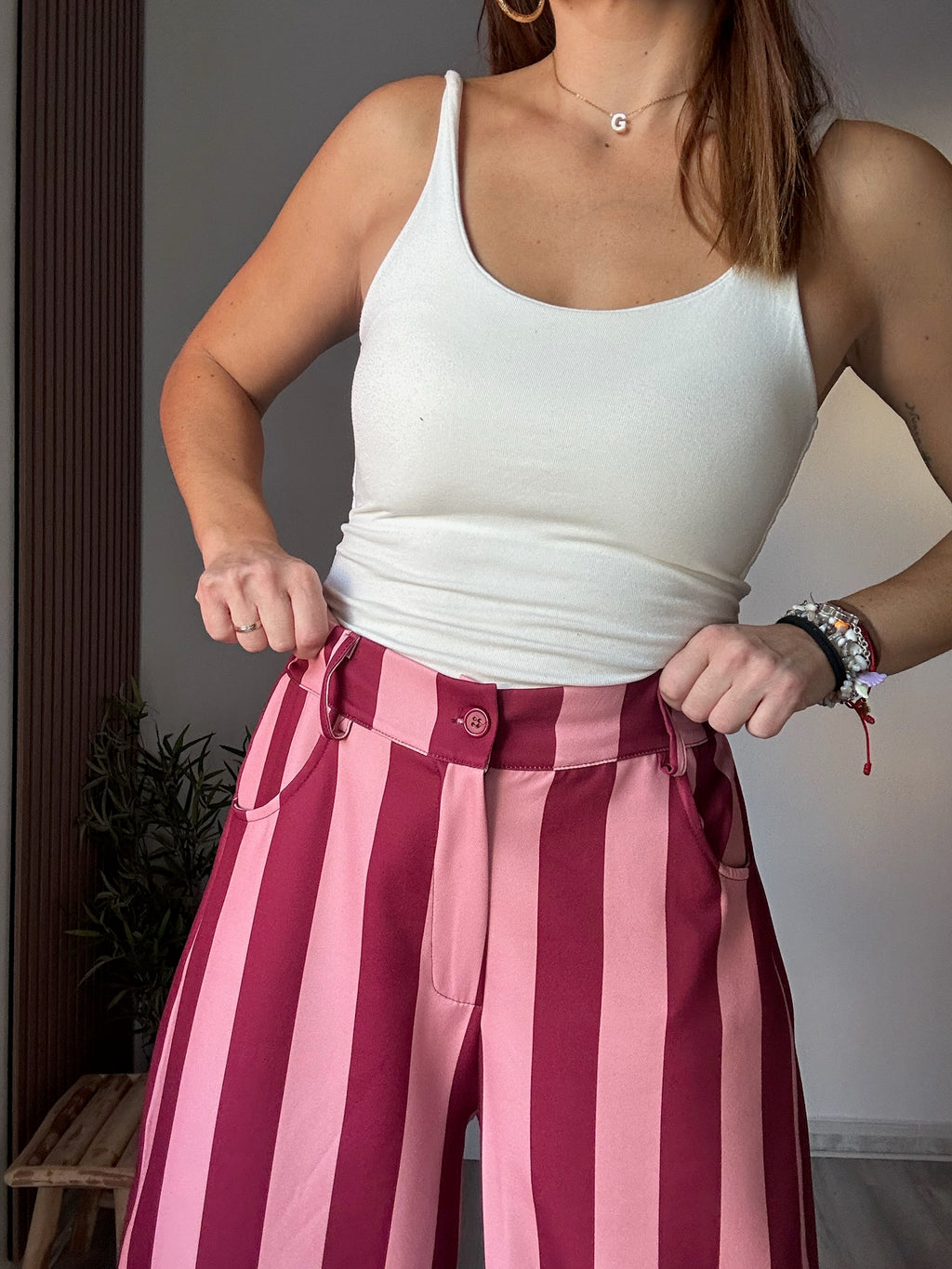 Pantalón balloon rayas burdeos