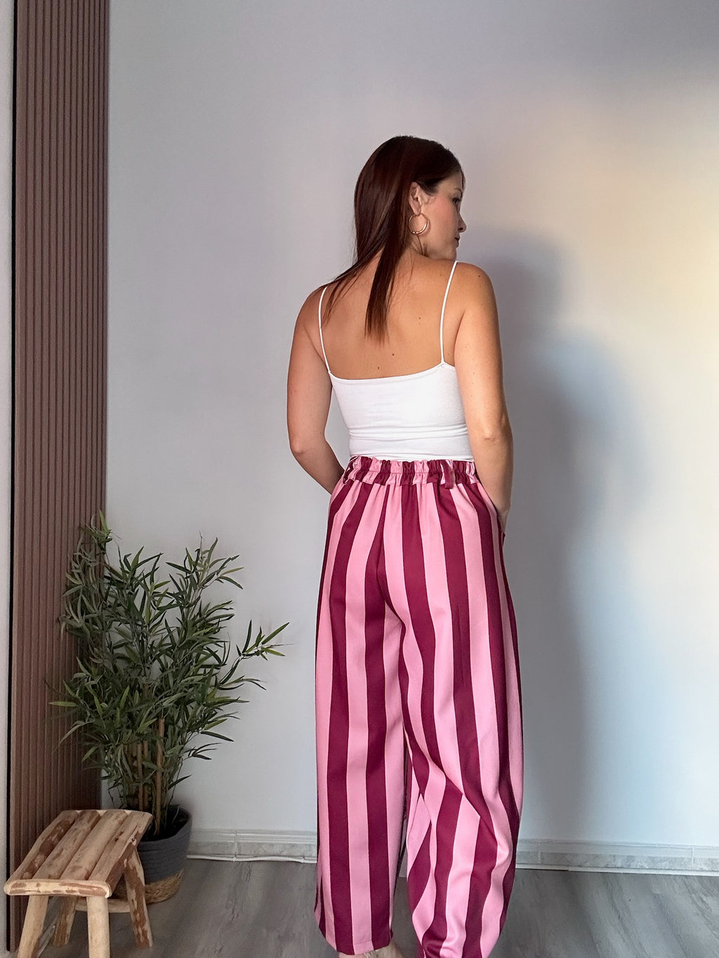 Pantalón balloon rayas burdeos