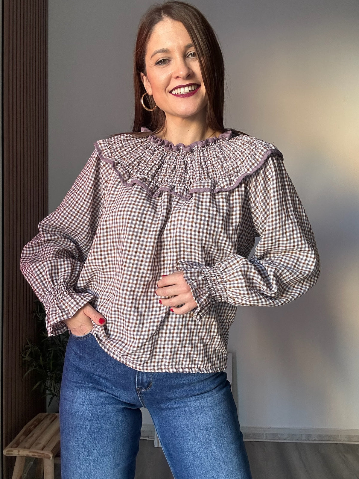 Blusa escote fruncido vichy lila