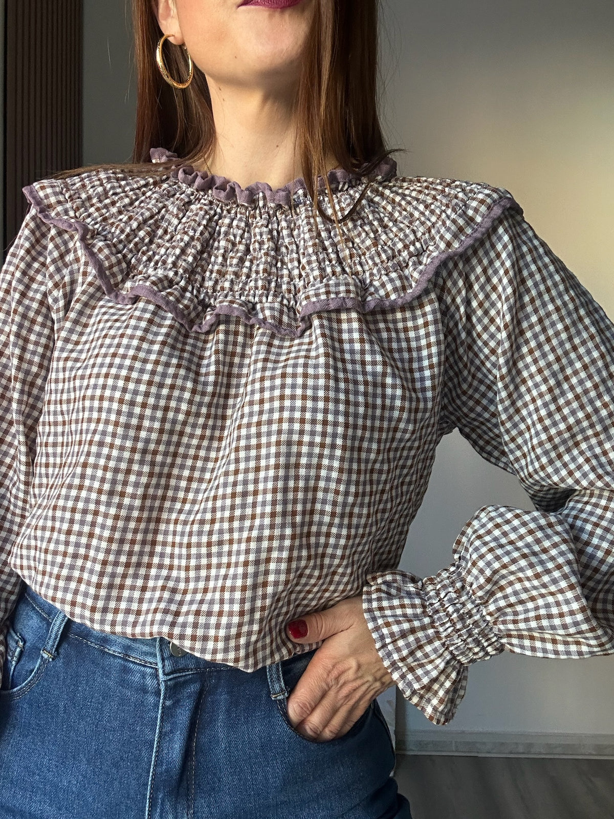Blusa escote fruncido vichy lila