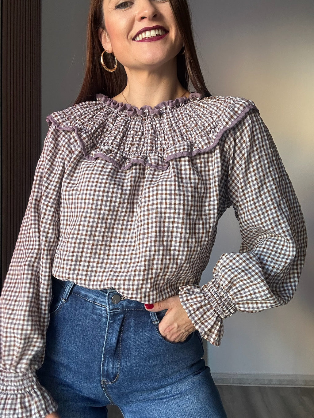 Blusa escote fruncido vichy lila