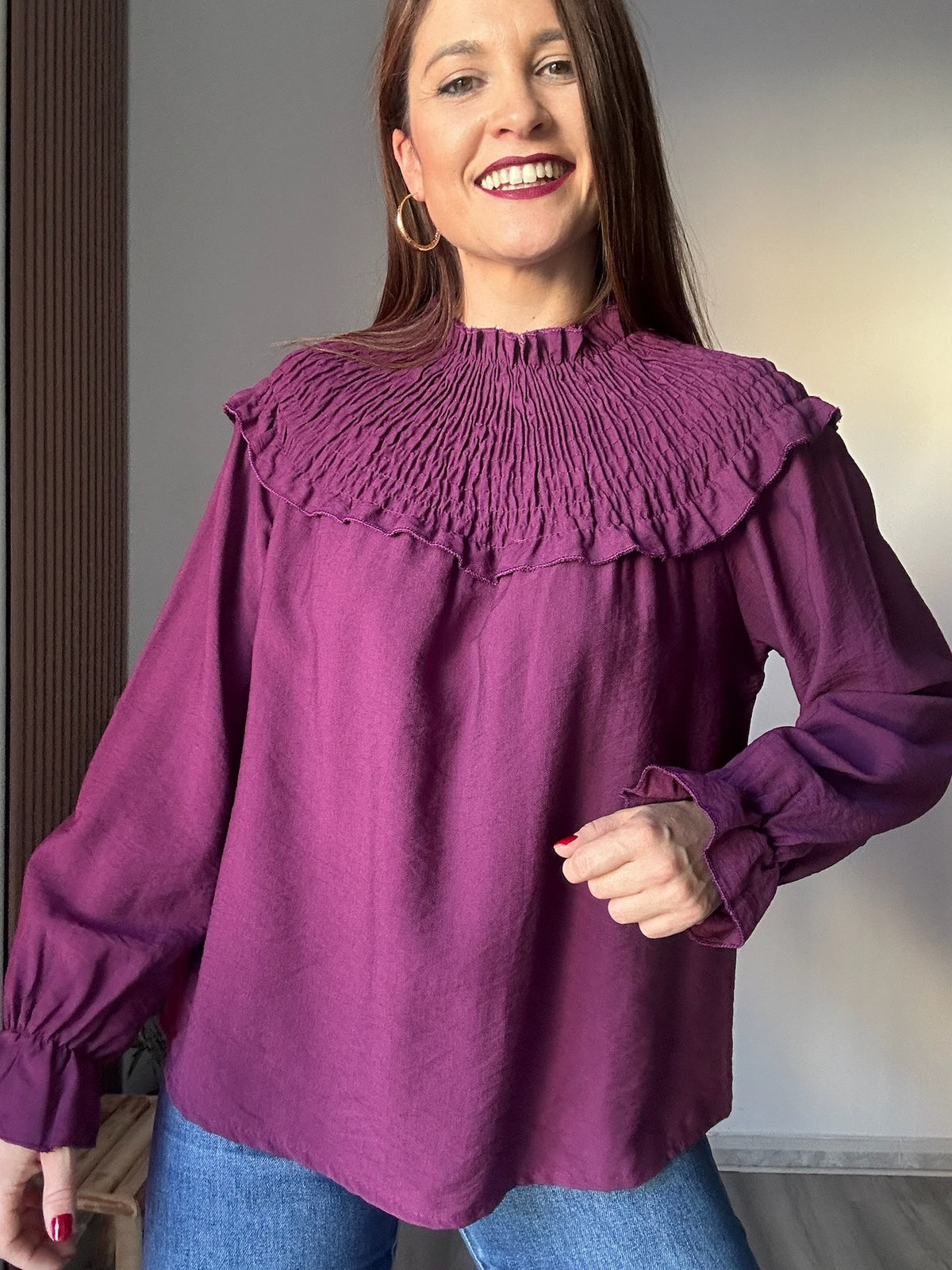 Blusa escote fruncido vino