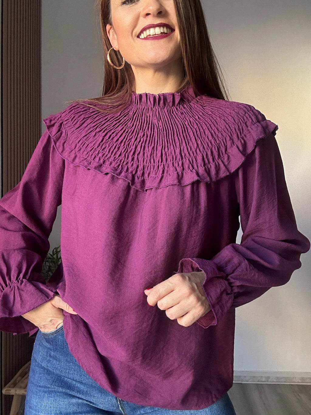 Blusa escote fruncido vino
