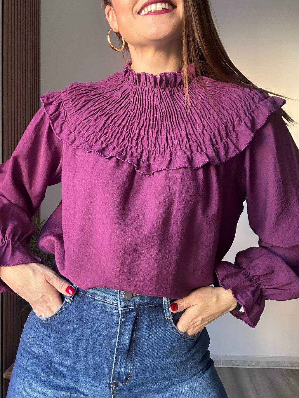 Blusa escote fruncido vino