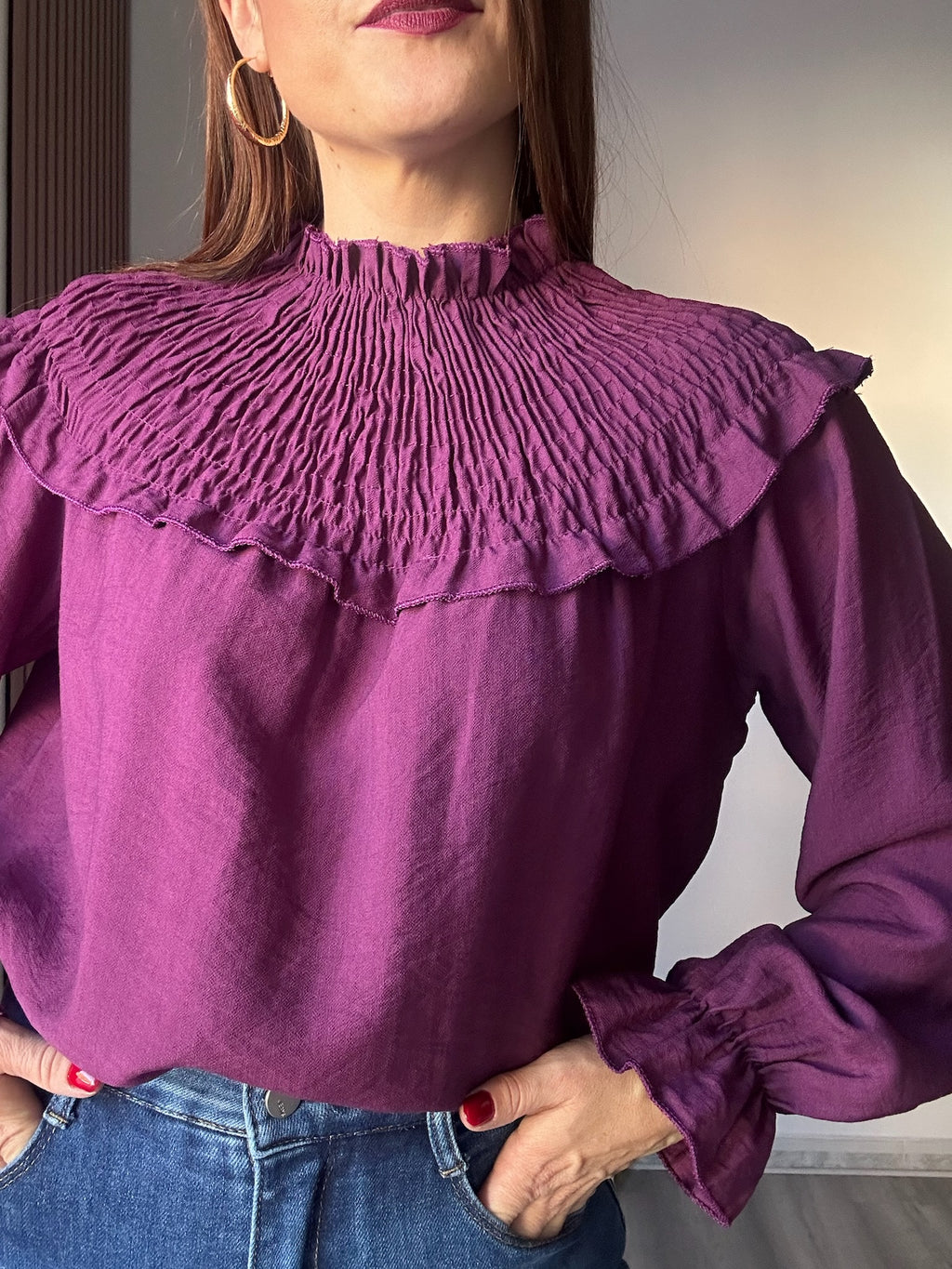 Blusa escote fruncido vino
