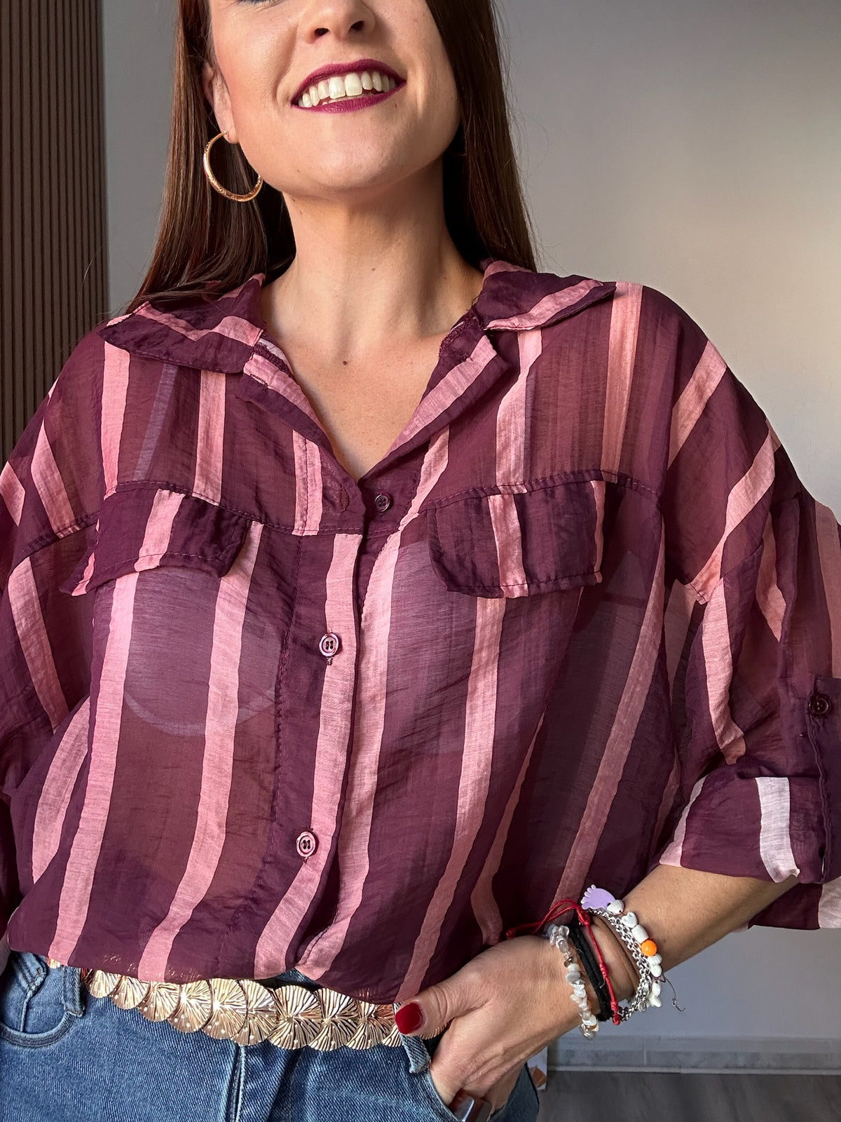Camisa burdeos y rosa