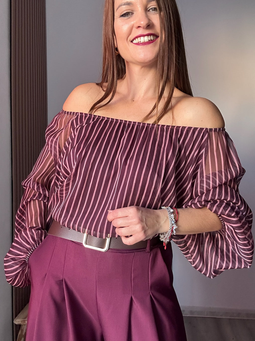 Blusa bardot rayas rosas y vino