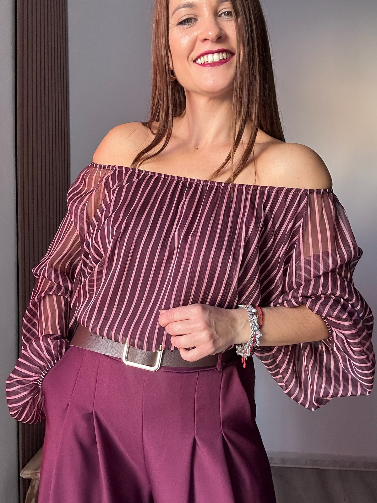 Blusa bardot rayas rosas y vino