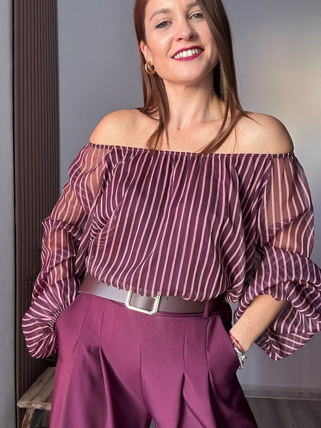 Blusa bardot rayas rosas y vino