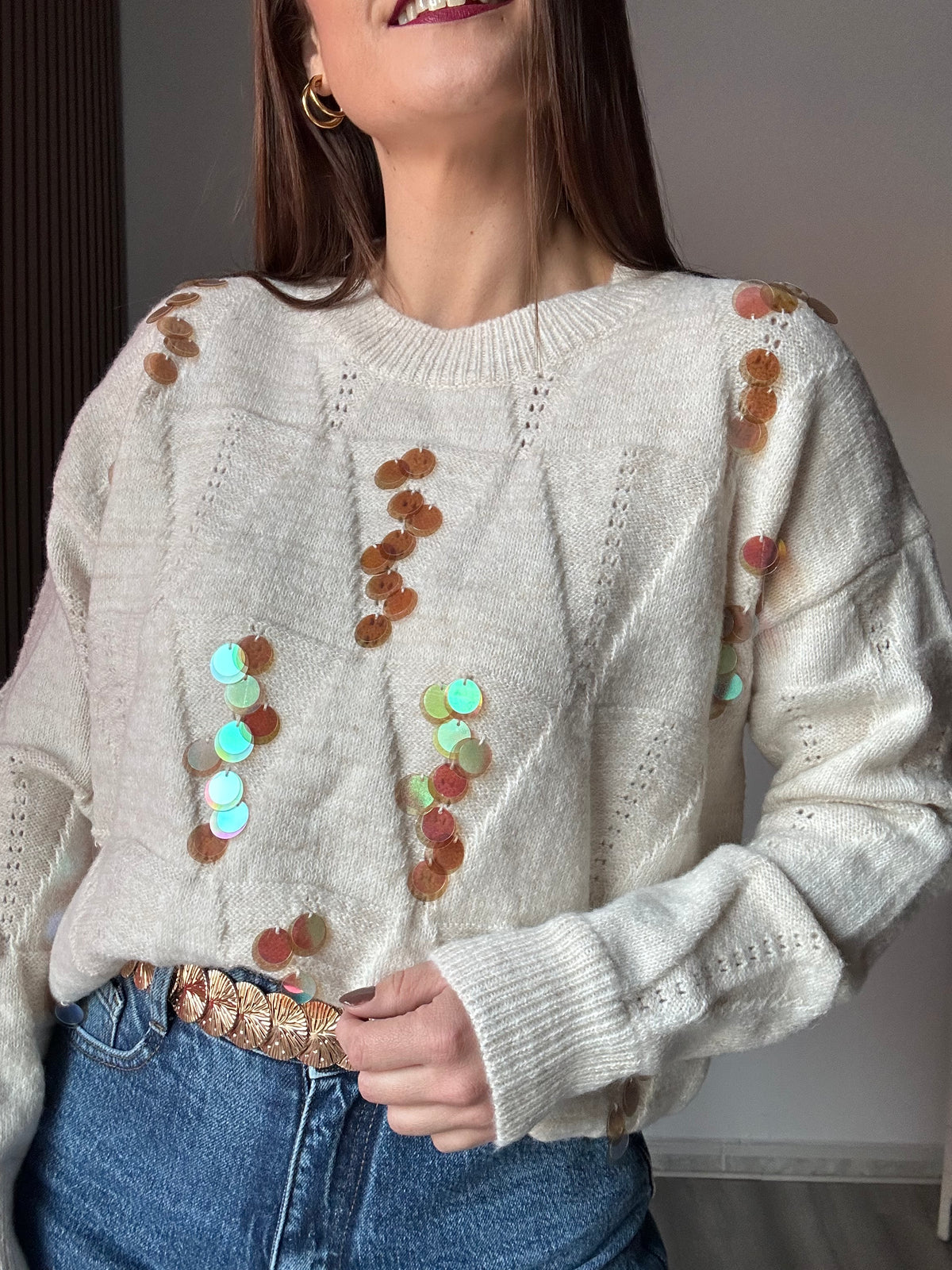 Jersey beige lentejuelas