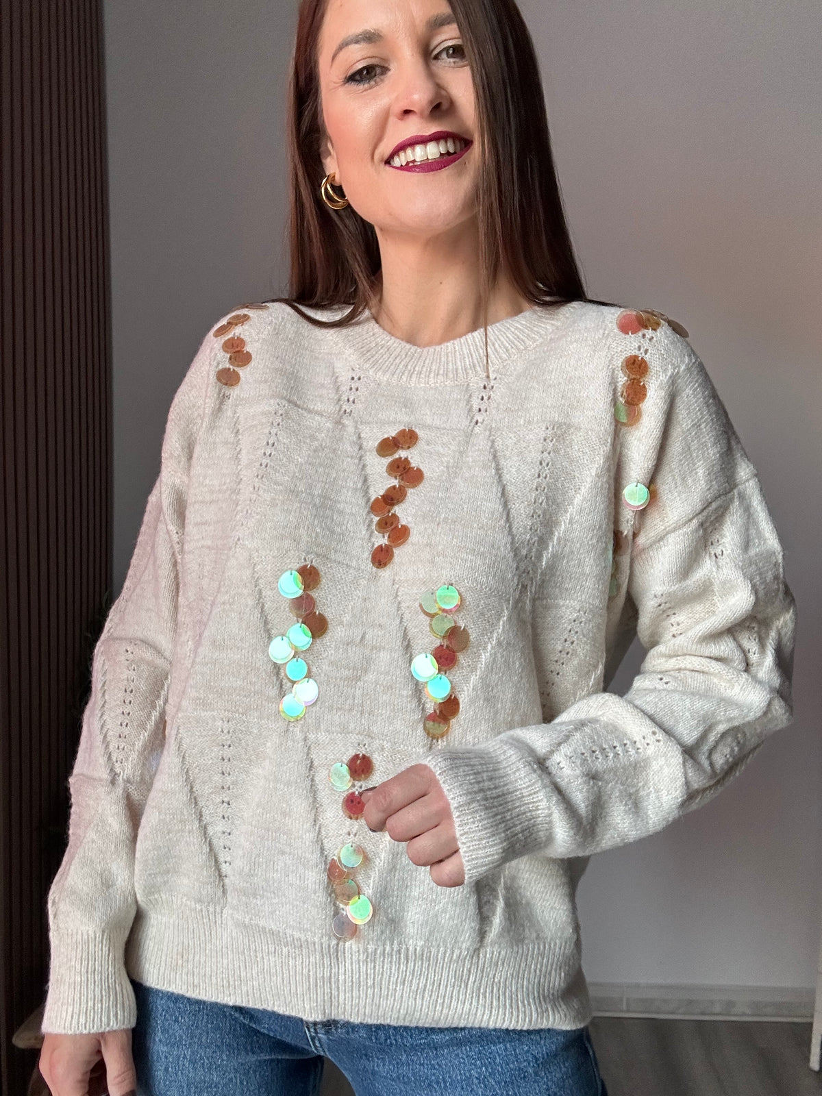 Jersey beige lentejuelas